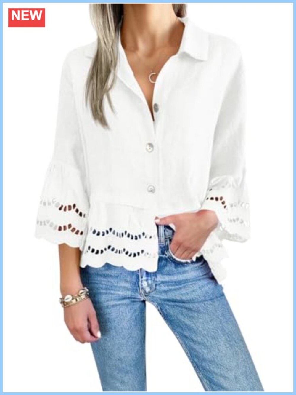 Women 3/4 Bell Sleeve Hollow Out Button Down Eyelet Blouse V-Neck Loose Fit